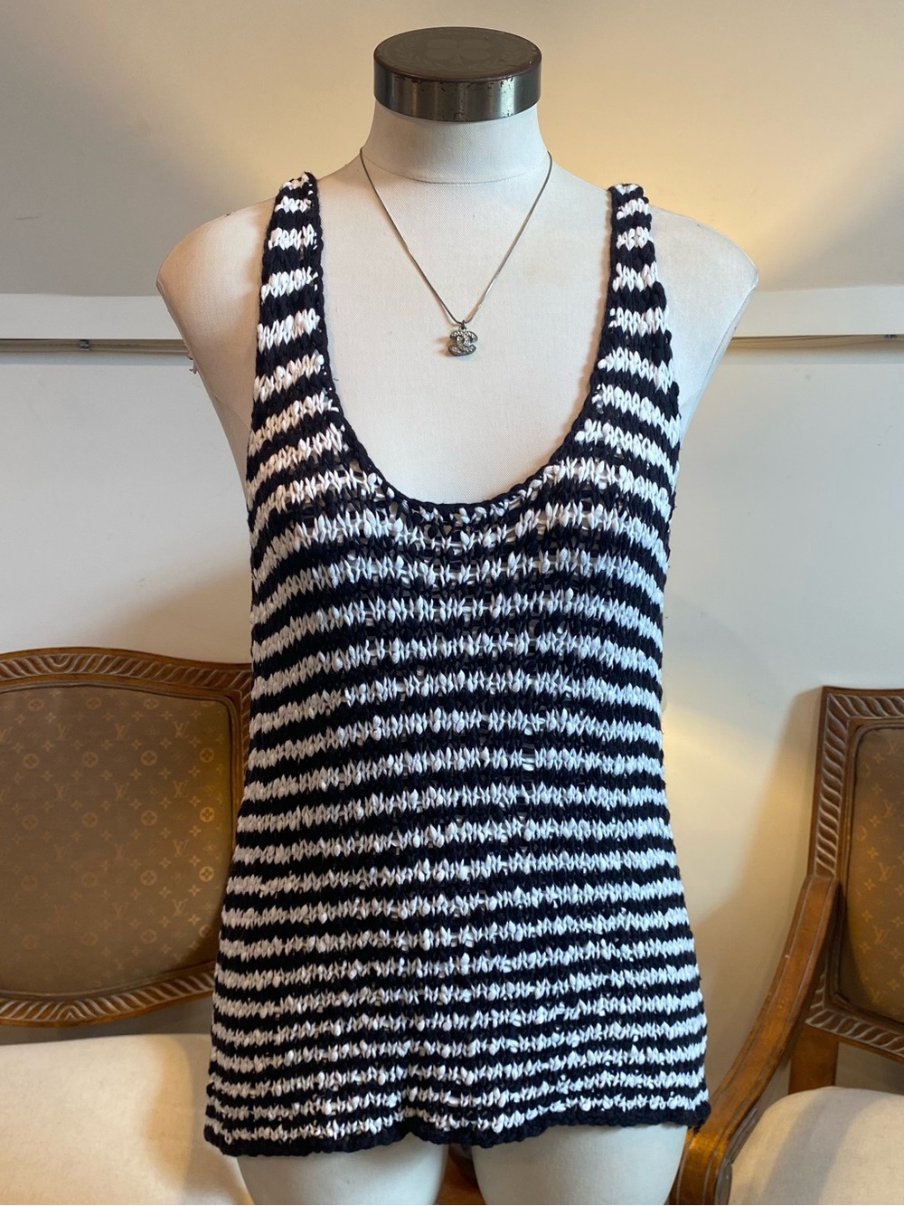 360 Black & White Striped Cotton Knit Tank Top Size M